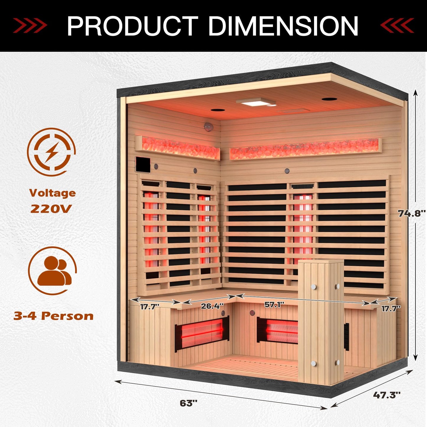 SWHSE 3-4 Person Infrared Sauna, Home Sauna with Himalayan Salt Panel & 10 Minutes Warm-up System, Indoor Sauna Spa Room with Canadian Hemlock&Panoramic Tempered Glass,220V