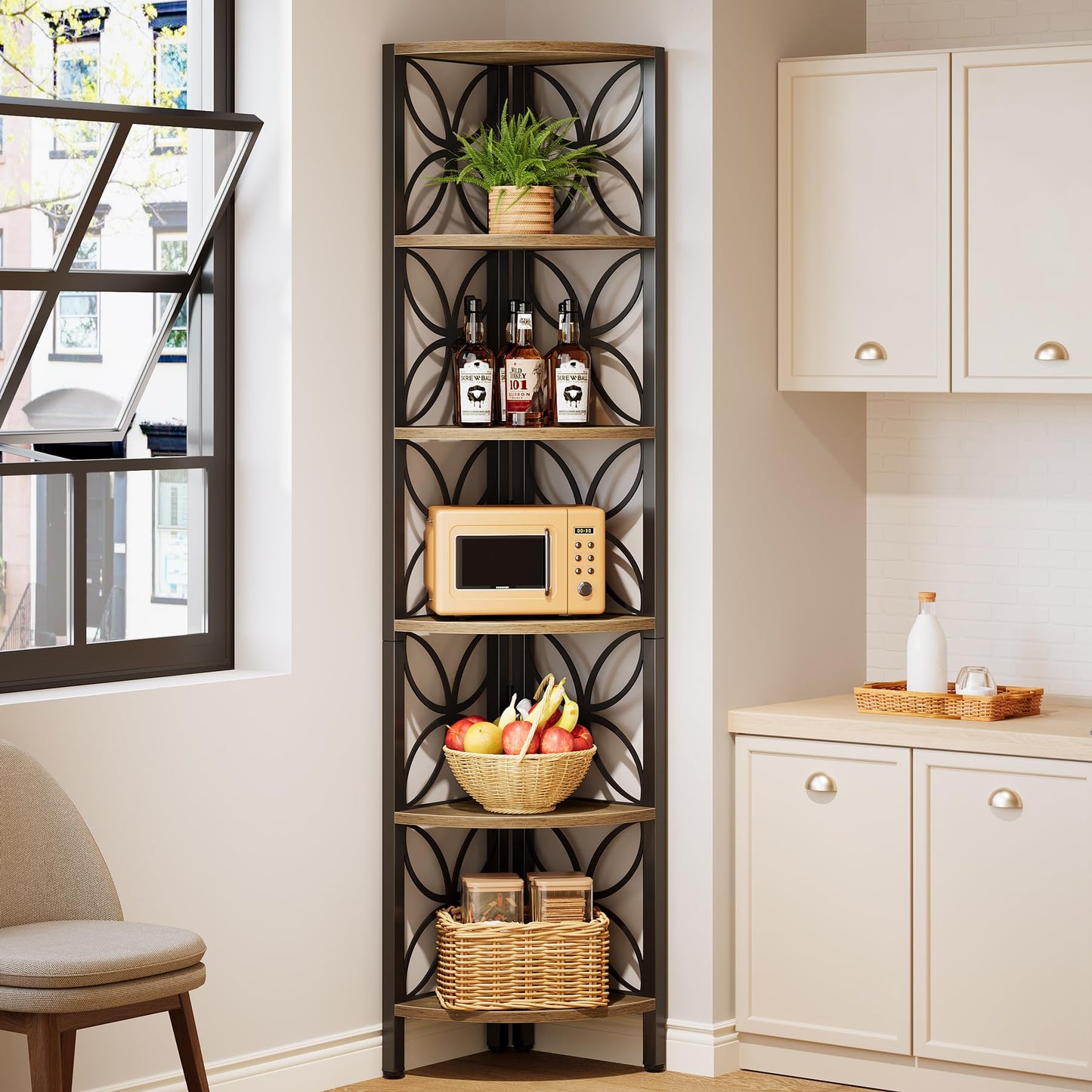 Tribesigns 6-Tier Corner Shelf, Industrial 70.9" Rustic Corner Bookshelf Display Shelf for Living Room, Wooden Shelving Unit Plant Stand Storage Rack for Bedroom, Kitchen, Small Place, Rsutic Brown
