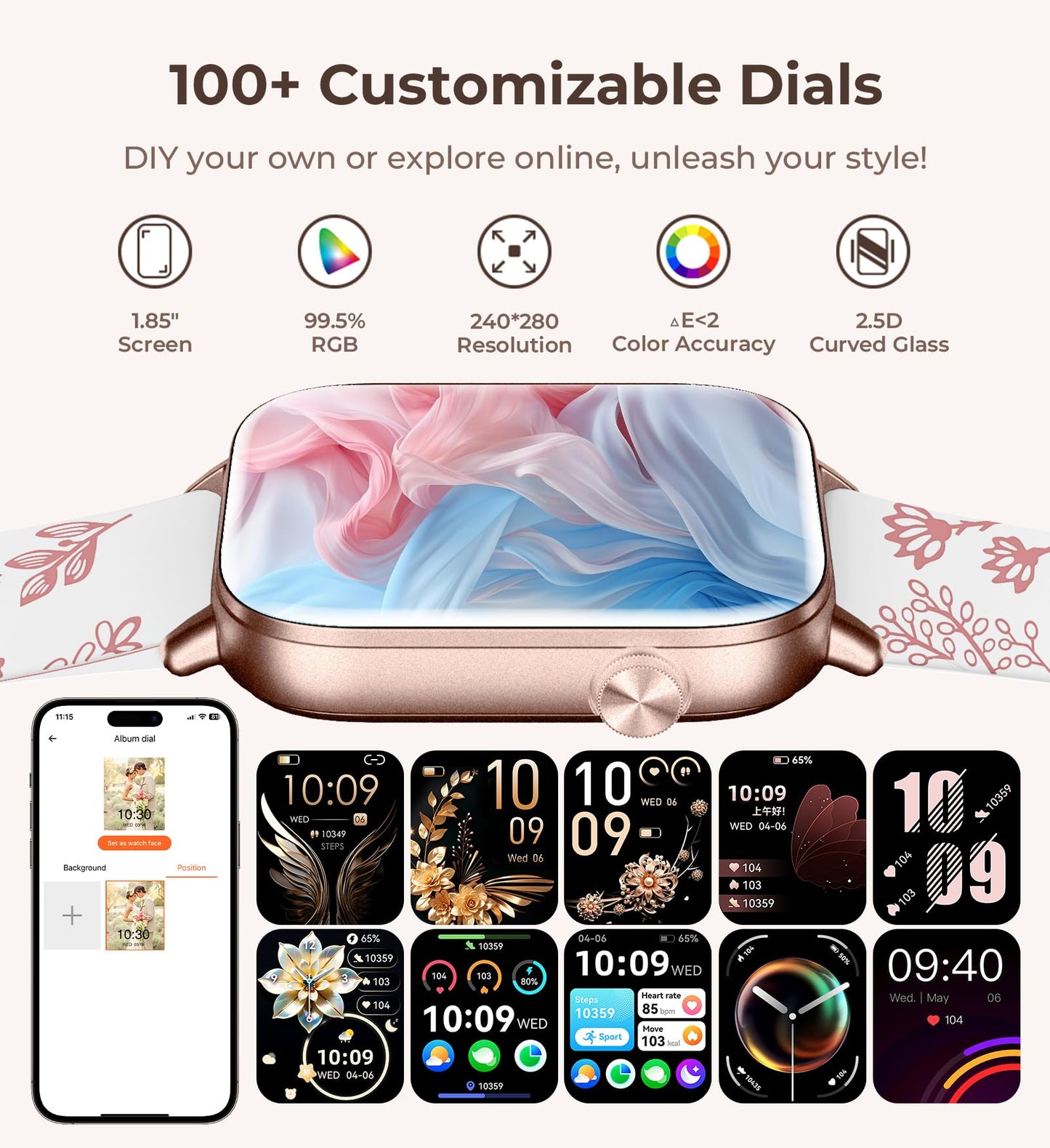 Iaret Smart Watch for Women, 1.83" HD Fitness Tracker with 4 Bands, Answer/Make Calls, Heart Rate/Sleep/SpO2/Step Tracking, 100+ Sport Modes, Android/iPhone Compatible Gift (Rose Gold)