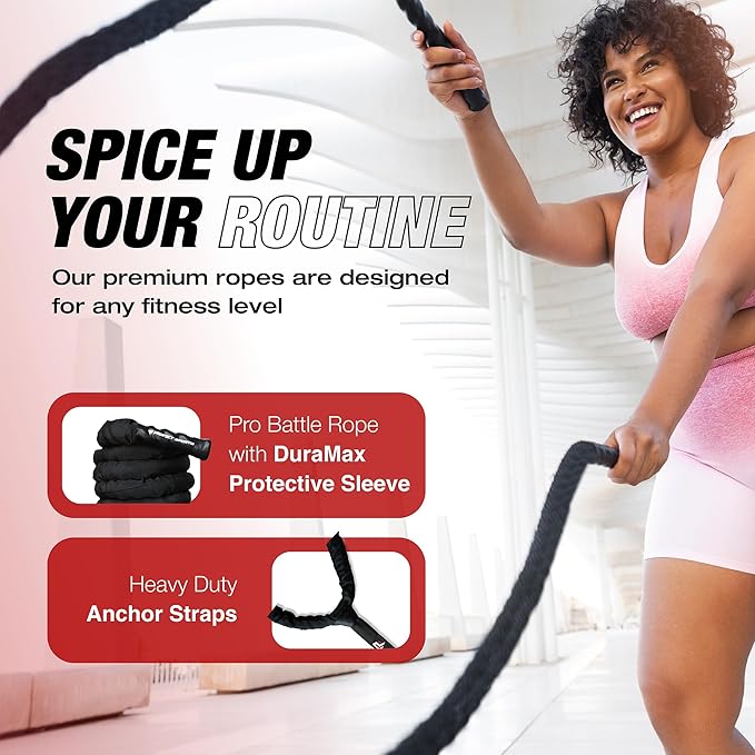 Battle Ropes 50 ft Heavy Duty Battle Rope with Protective Sleeve Black, Plastic, ABS Grip, Adult Strength Training, Cardio, CrossFit