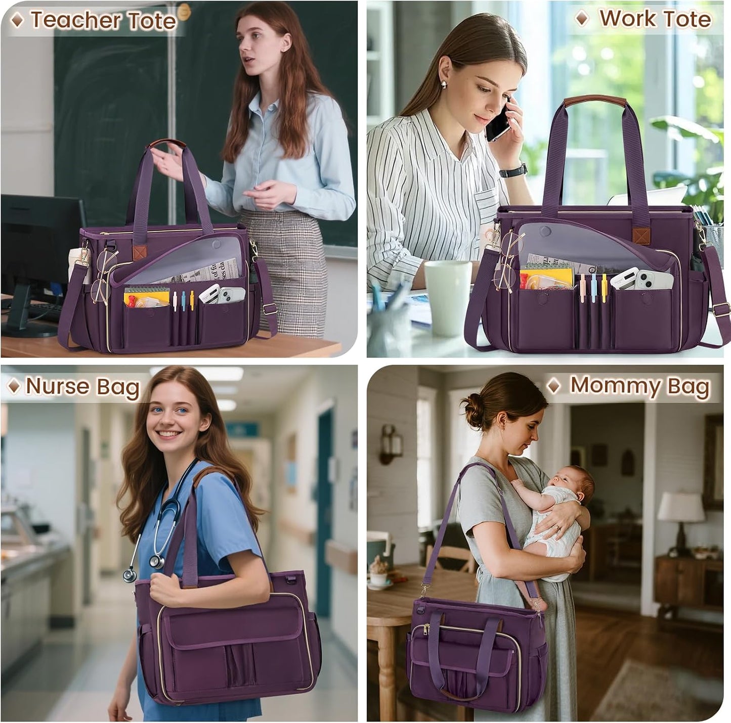 15.6 inch RAINSMORE Teacher Tote Bag Laptop Bag for Women Work Bags Nurse Bag Lightweight Laptop Tote Computer