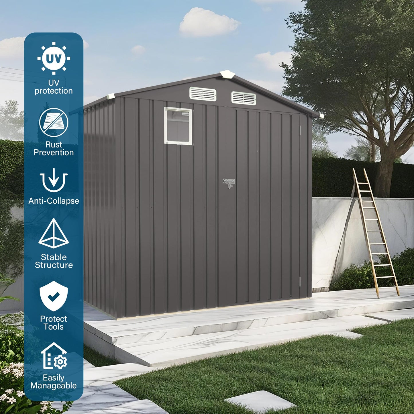 KEIKI 6x4 FT Outdoor Metal Storage Shed with Window and Lockable Door,Peaked Roof for Patio Backyard Garden
