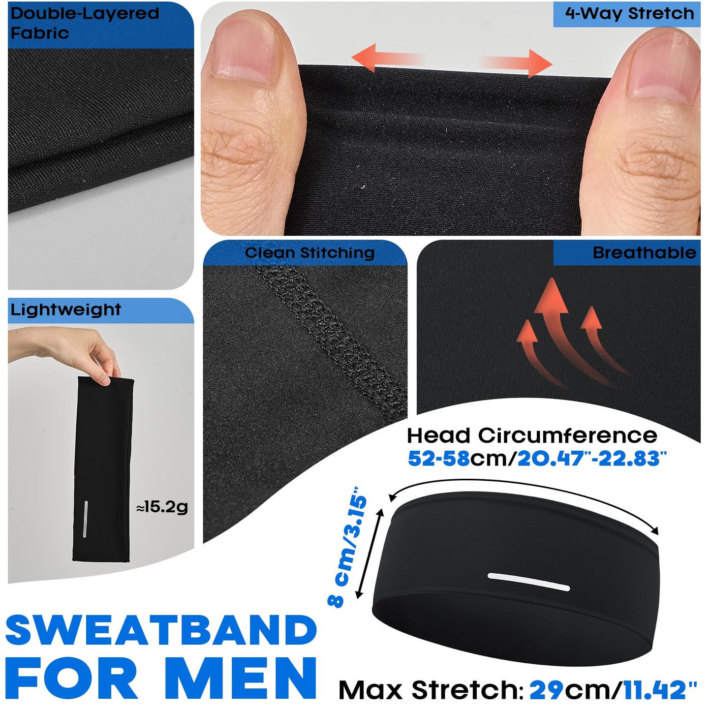 Sukeen Lightweight Sports Headbands for Men, Moisture Wicking Sweat Bands Headbands Non-Slip, Reflective Elastic Mens Headband for Running, Cycling, Gym, Fitness, Sports, Black