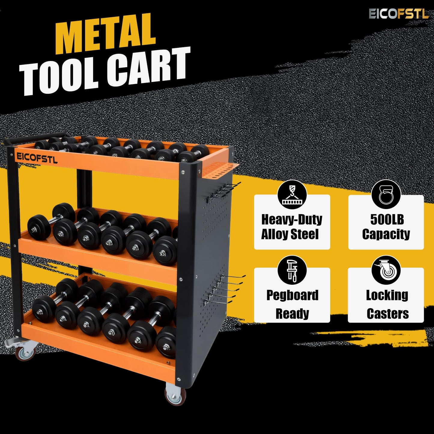 Heavy Duty Utility Cart with Pegboard, 3-Tier Metal Mechanic Tool Cart on Wheels, 500LBS Capacity Rolling Service Cart with Screwdriver Holder for Garage, Workshop, Warehouse