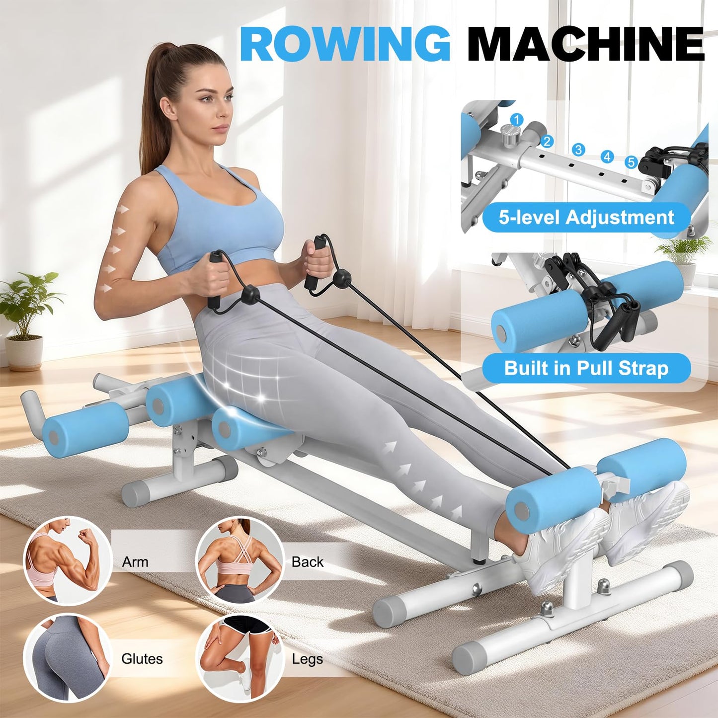 DERACY Ab Workout Machine Adjustable Ab Trainer Abdominal Trainer for Home Gym Foldable Ab Crunch Machine for Core 440 LBS (White - Blue)