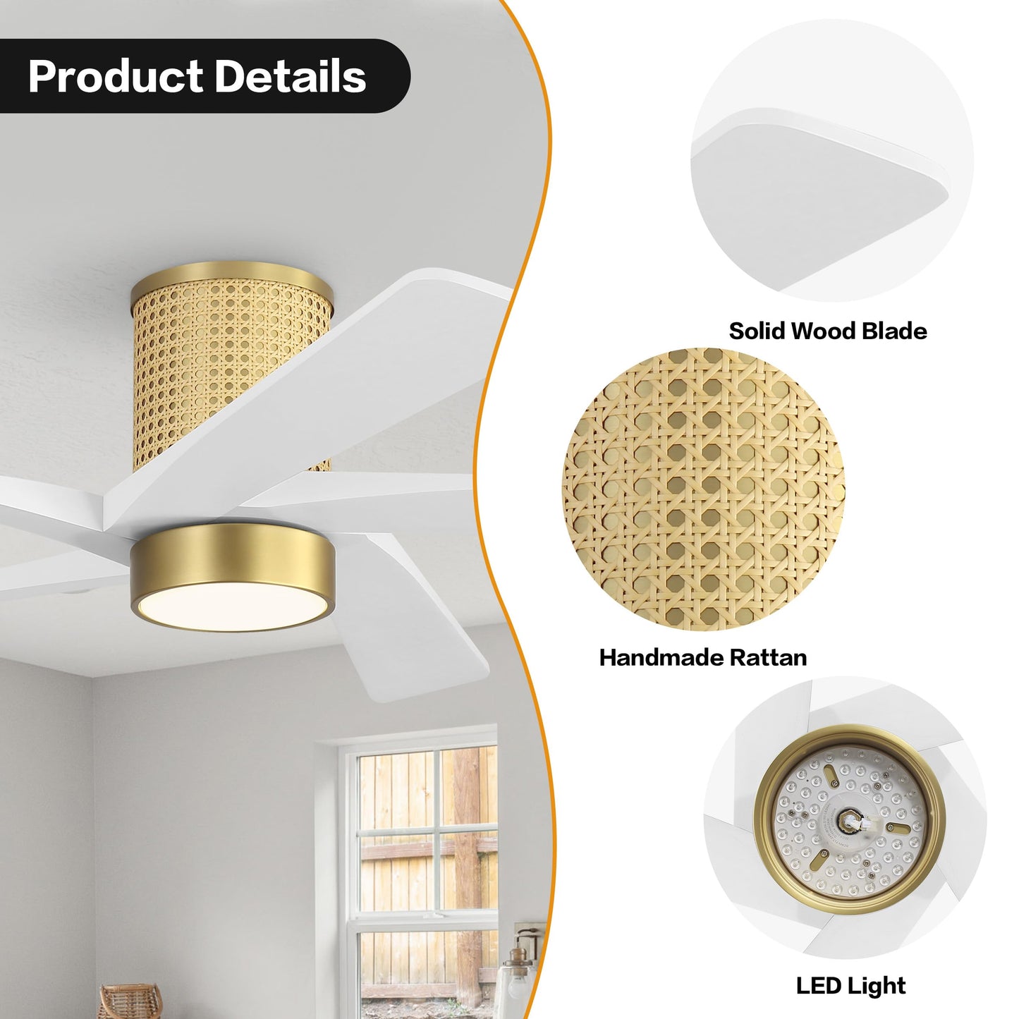 WINGBO 48 Inch Flush Mount Rattan Ceiling Fan, 3CCT Dimmable Light, 5 Carved Wood Blades, 6-Speed Reversible DC Motor, Modern Ceiling Fans for Indoor, Aged Brass Finish and White Blades