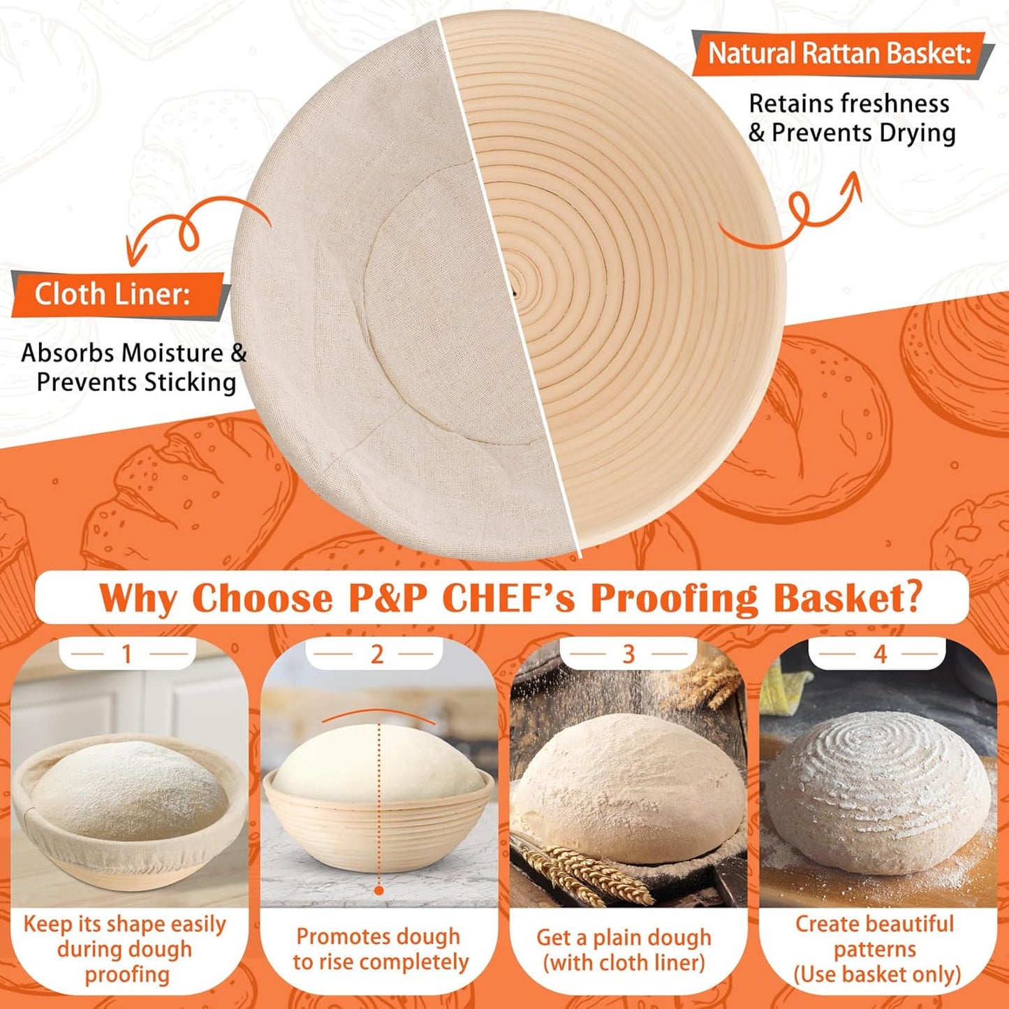 P&P CHEF 9-Inch Bread Proofing Baskets - Set of 2 Handmade Rattan Dough Making Baskets | Ideal for Sourdough Baking