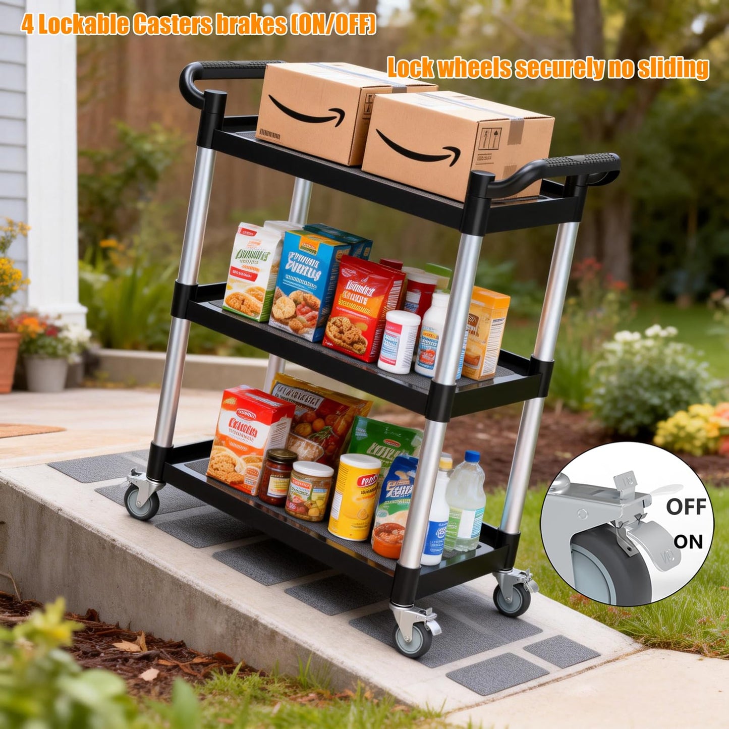 17Tek 3-Tier Rolling Utility Cart with Wheels,4 Lockable Casters, Plastic Service Cart with 510lbs Capacity, Commercial Service Cart on Wheels for Restaurant/Office/Warehouse/Kitchen/School, Black