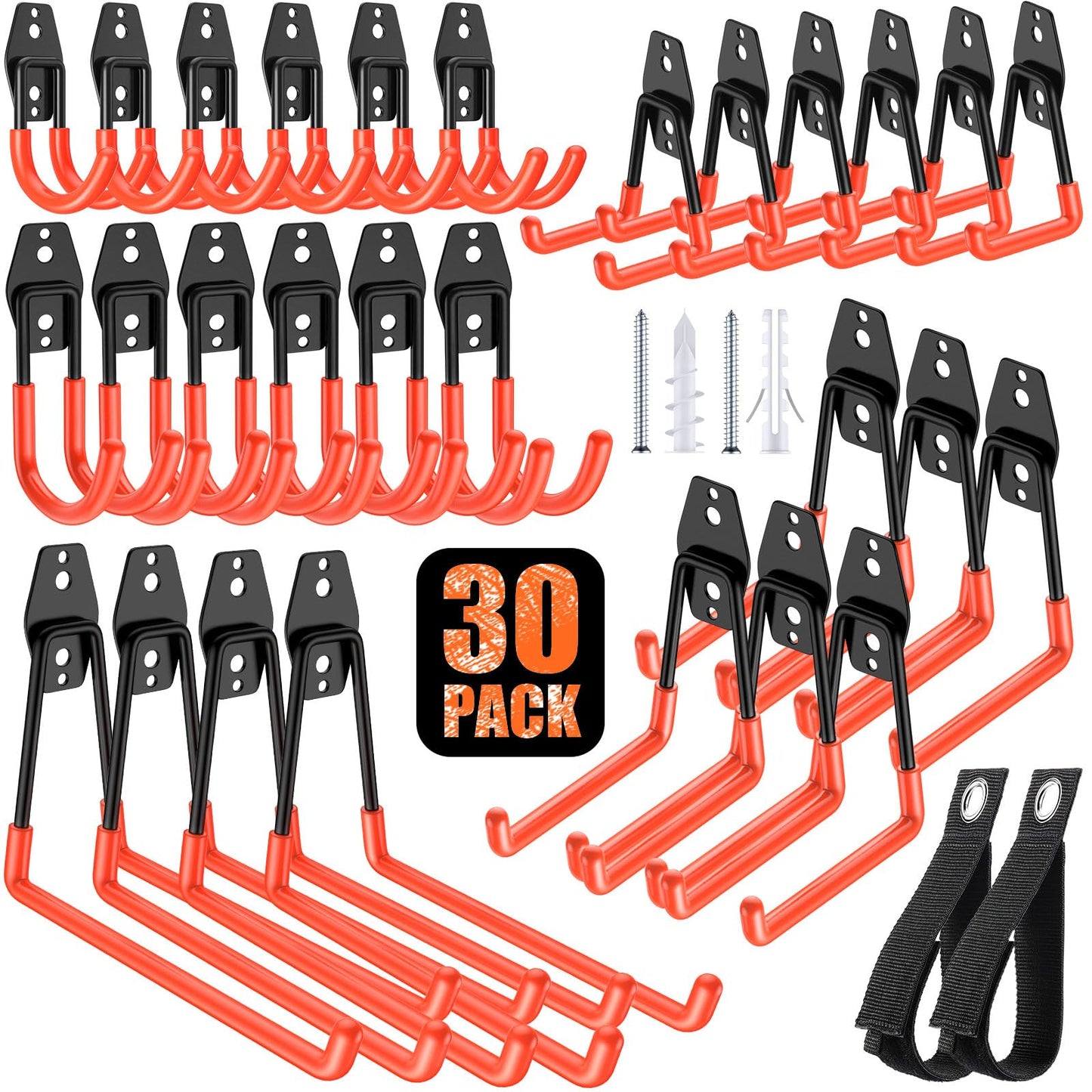 MIKRUI 30 Pack Heavy Duty Garage Hooks,Solid Steel Wall Mount Hangers,with Anti-Slip Coating,for Hanging and Organising Ladder,Bike,Ropes,Broom,Garden,Yard and Power Tools