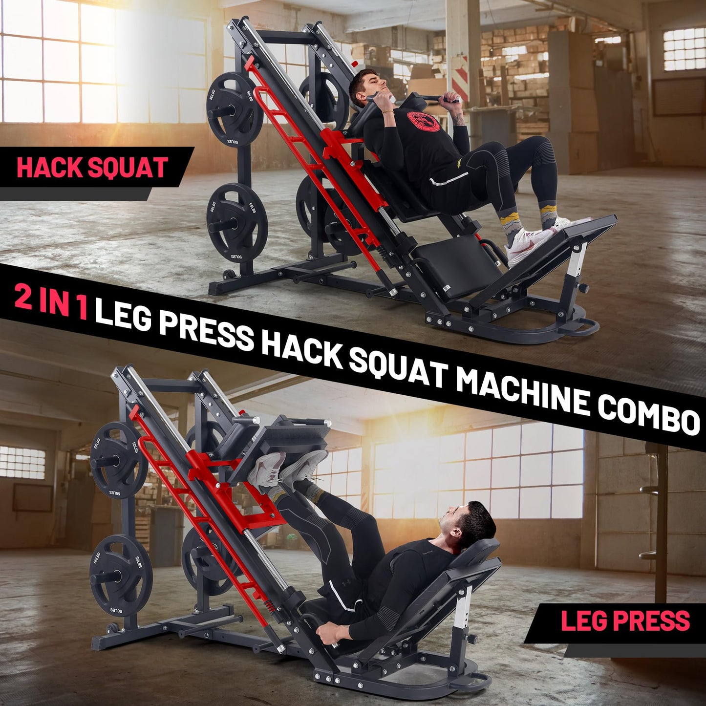 GarveeLife Leg Press Hack Squat Machine, 2 in 1 Leg Press Machine for Home Gym with Linear Bearing, Specialty Hack Squat Machine with Calf Block for Full Lower Body Workout, Red