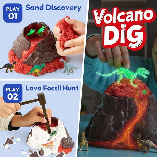 JOVA Dinosaur Fossil Digging Kit - 3-in-1 STEM Learning Toy with Glow-in-the-Dark Dinosaurs & Sensory Play Sand | DIY Kit for Kids Aged 6+