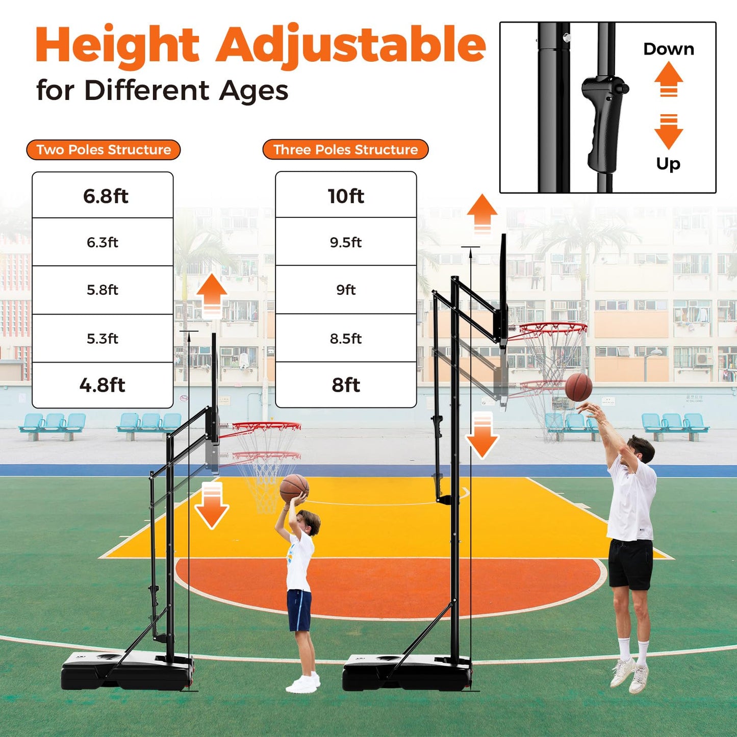 AWII SPORT Basketball Hoop 44 Inch Backboard Protable Basketball Hoop Outdoor, 4.8-10ft Height Adjustable Basketball Goal System for Kids Youth Adults Play in Backyard/Courts/Indoor