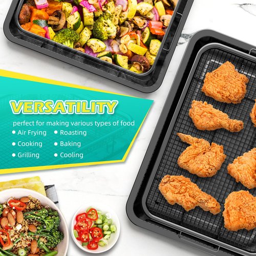 Air Fryer Basket, OPENICE 2 Set Air Fryer Pan and Crisper Tray for Oven, Non-stick Oven Air Fryer Basket for Baking and Crispy Foods - Black