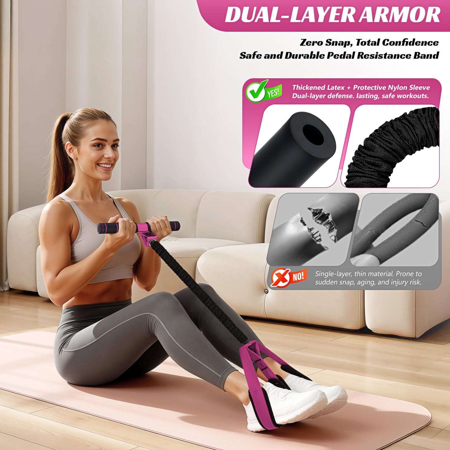HOXWC Multifunction Pedal Resistance Band with Handle, 50LBS Foot Pedal Resistance Bands for Core/ABS, Arm, Waist, Abdomen, Leg Workout, Portable Sit Up Exercise Equipment for Women