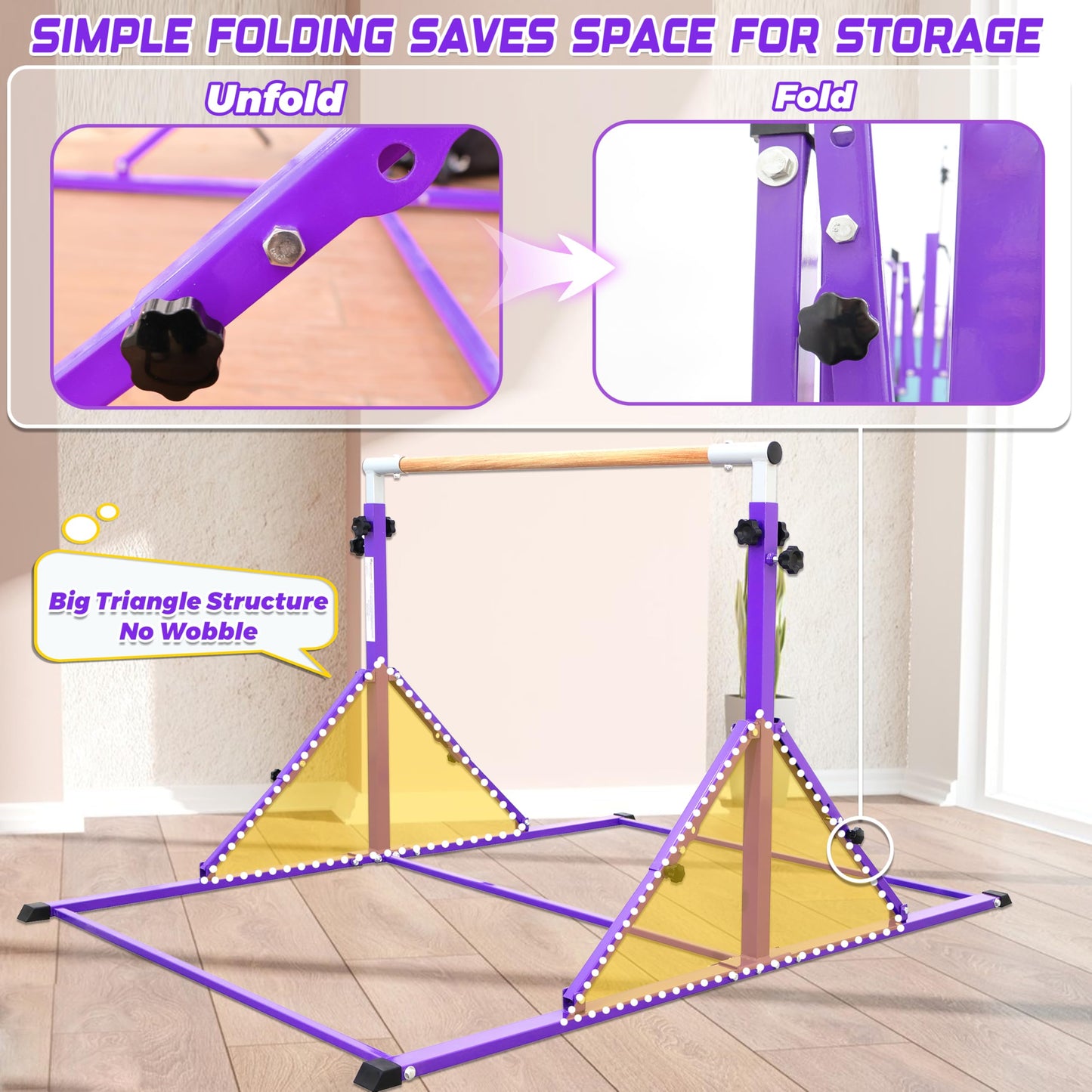 PreGymnastic Foldable Gymnastics Bar, 5.6FT Folding Horizontal Bars for Kids Ages 3-12, Weight Limit 350 LB, Adjustable kip Bar,Children Home Gym Equipment Indoor(Foldable Bar with Mat, Violet-Mat)