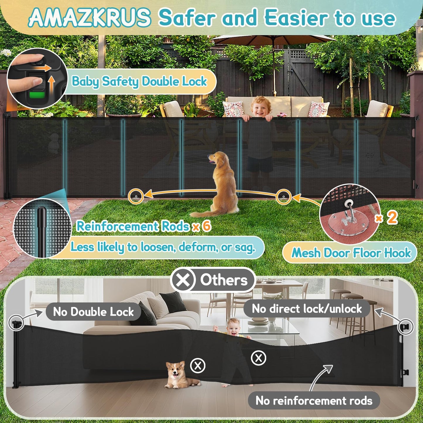 200'' Retractable Baby Gates Extra Wide, 42'' Extra Tall Retractable Dog Gate, 16 FT Black Indoor/Outdoor Retractable Gate with Reinforcement Rods for Garage, Doorways, Stairs, Decks, Driveway, Patio