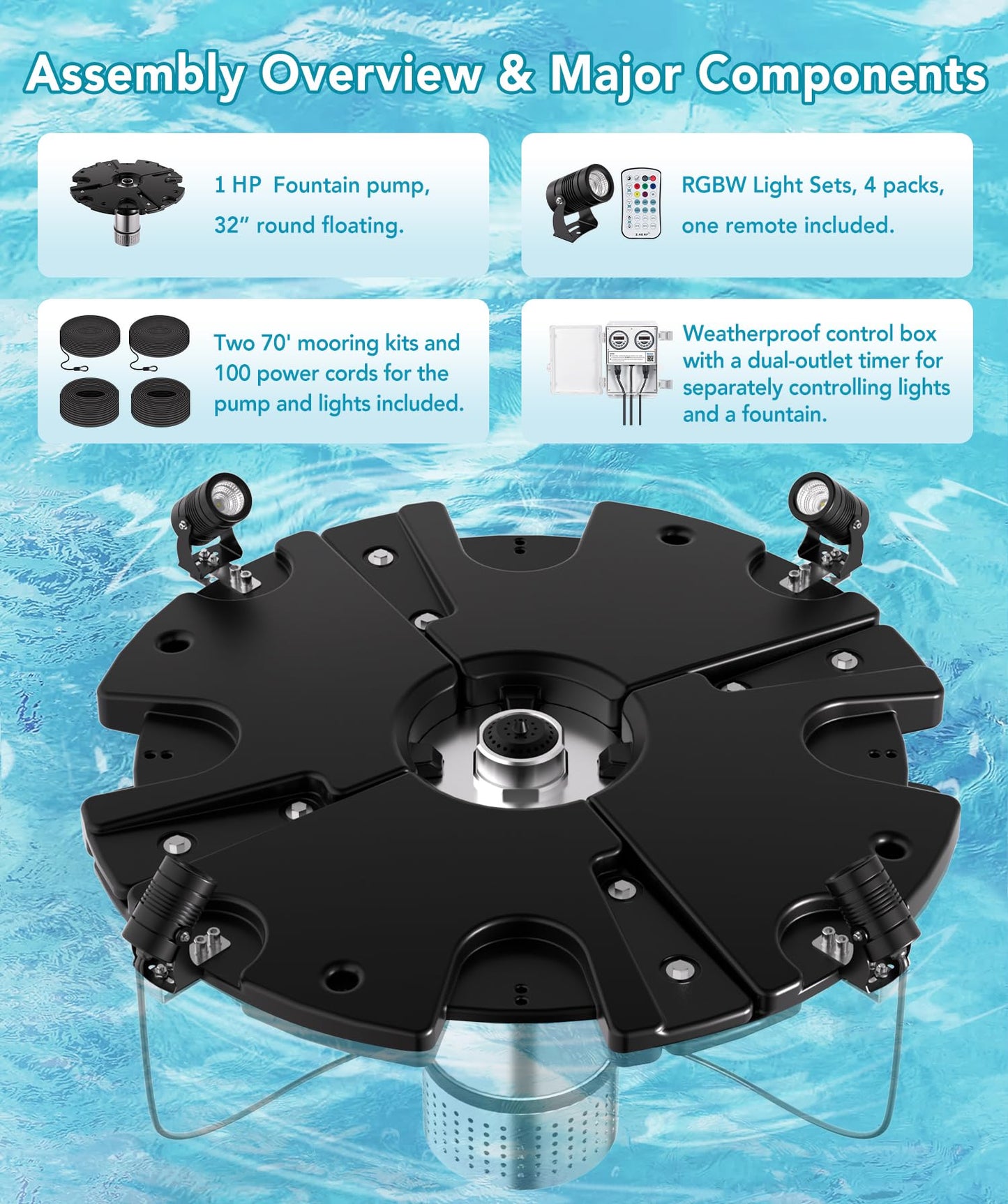 FS01 110V, 1 HP, Large Pond Floating Fountain with LED RGB Lights, Oil Free Pump 13000 GPH with 100’ Cord, Two Spray Patterns Included