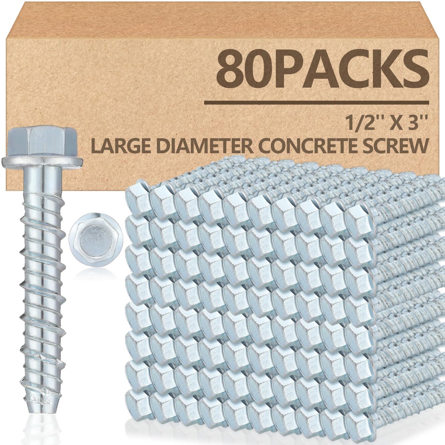 Tandefio 80 Pack 1/2" x 3" Concrete Screw Anchor Galvanized Large Diameter Heavy Duty Plated Concrete Anchors for Masonry Brick Anchoring Block Decking Framing Hex Drive