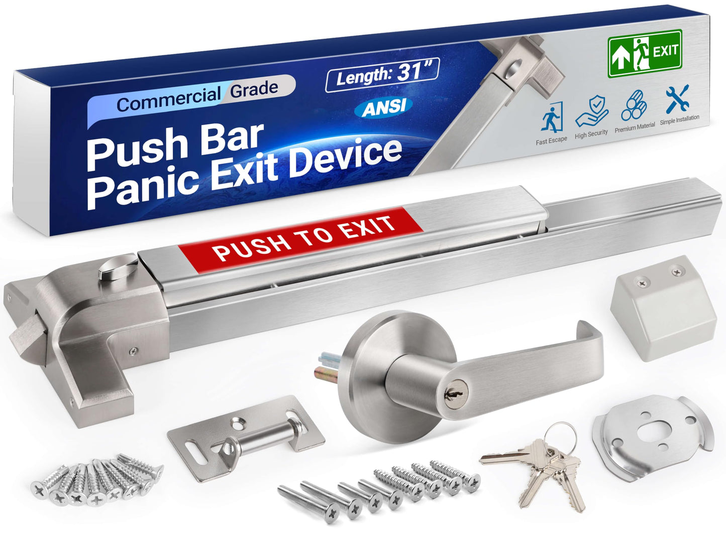 31" Commercial Push Bar Panic Exit Device (304 Stainless Steel) - Panic Bars for Exit Doors with Exterior Lever - Emergency Exit Panic Door Hardware for 31"-47" Wooden/Metal Doors