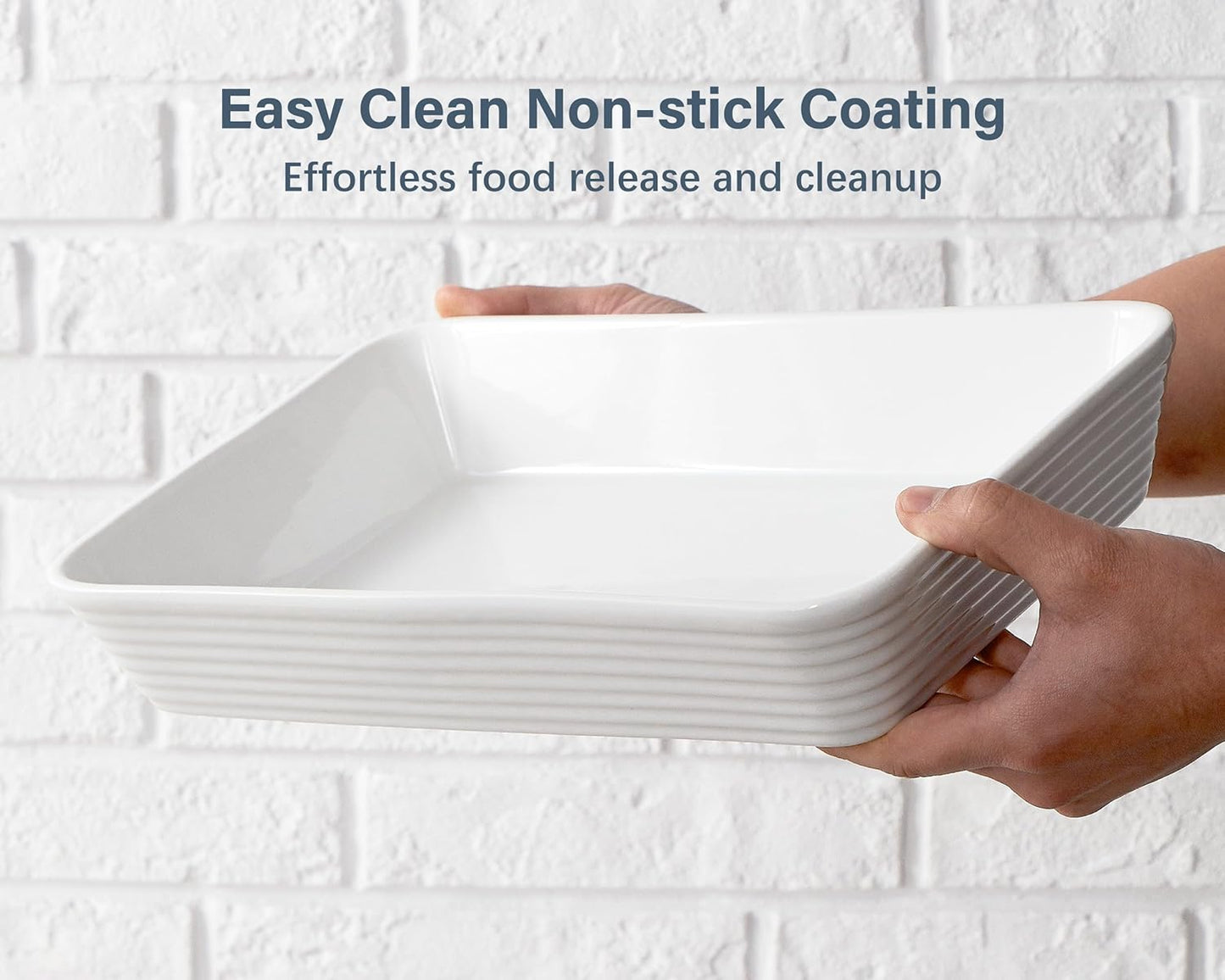 ONEMORE Ceramic Baking Dish - 9x13 Large Rectangular Casserole Pan for Lasagna & Family Meals - Ribbed White Bakeware
