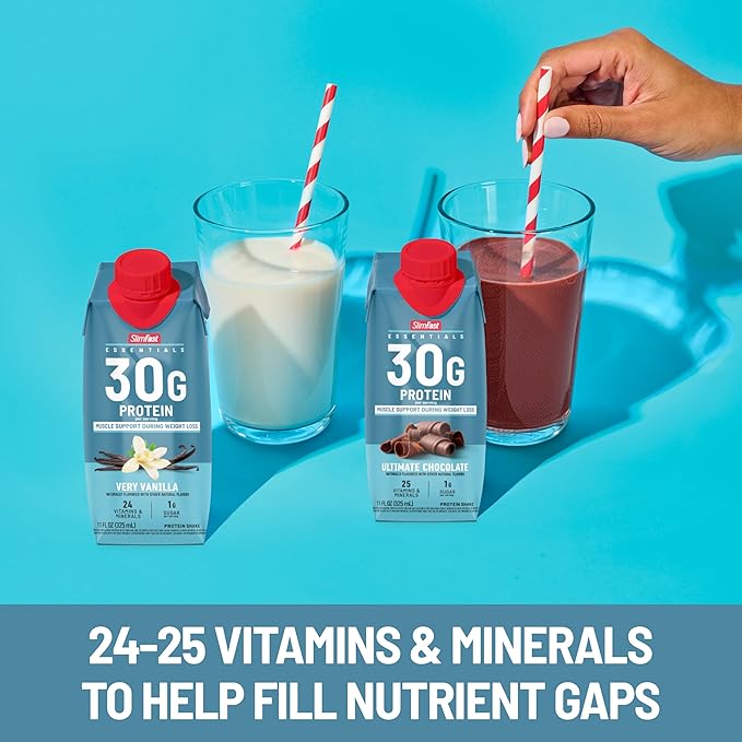 SlimFast Essentials 30g Vanilla Protein Shake, Protein Shakes Ready to Drink, Muscle Support, 1g Sugar, 24 Vitamins and Minerals, 1g Net Carbs, Very Vanilla, 12 Count