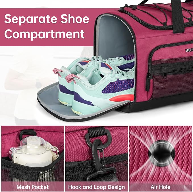 Gym Bag for Women & Men, Sports Travel Duffle Bag with Shoe Compartment, Anti-Theft Carry On Weekender Bag, Water Resistant Overnight Backpack for Airplane, Gym, Travel (Pink Black)