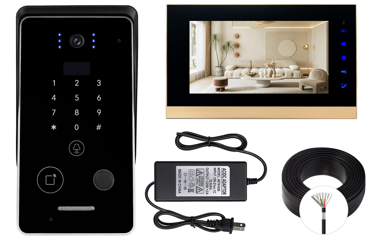 Smart Home 7-Inch Video Intercom Doorbell System with HD Display & Touch Keypad, Fingerprint/Key Card/Password/Remote Unlock, 1200lbs Magnetic Lock (NC) & Exit Button for Homes & Villas