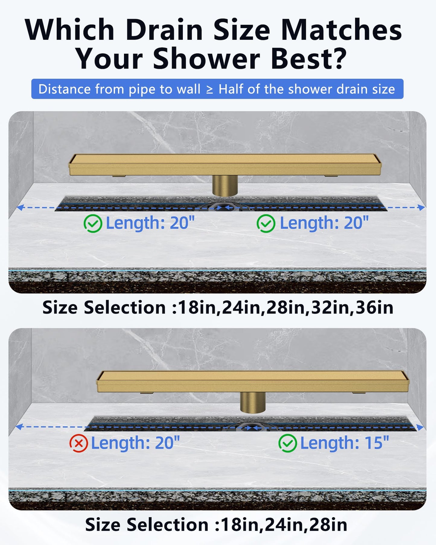 YEFU Gold Linear Shower Drain for Bathroom: 42 Inch Shower Drain with Tile Insert Grate - 304 Stainless Steel Rectangle Linear Drain - 2-in-1 Brushed Gold Shower Floor Drain