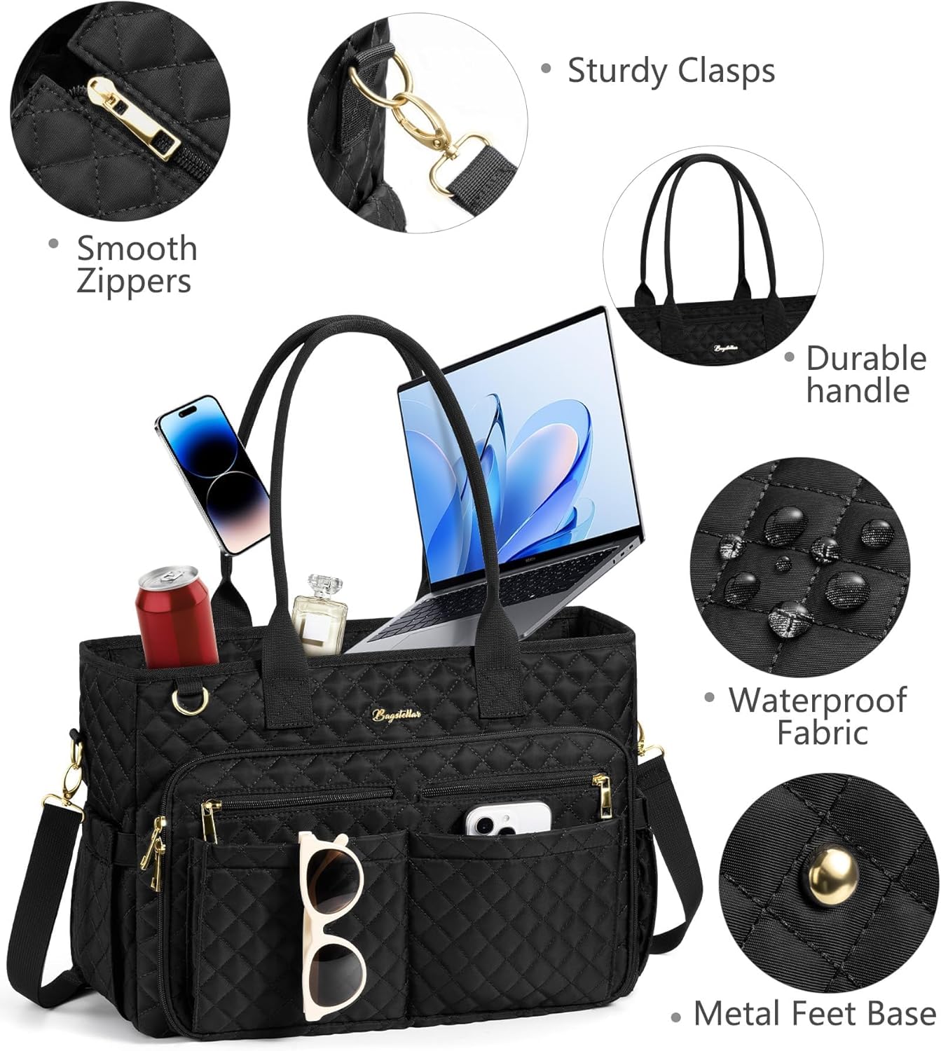 Bagstellar 15.6 inch 40oz Teacher Bags for Women, Laptop Work Tote Bag Quilted Nurse Bible Computer Shoulder Bag