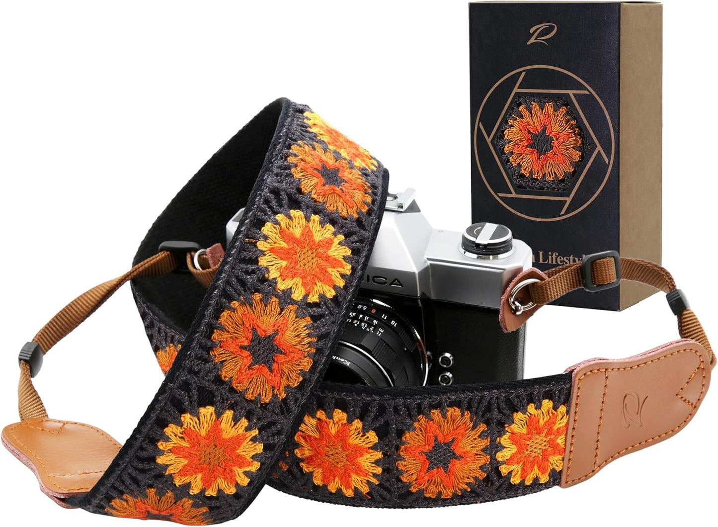 Ends,2" Padwa Lifestyle Hollow Crochet Orange Daisy Camera Strap - Double Layer Cowhide Cotton Vintage Camera Straps