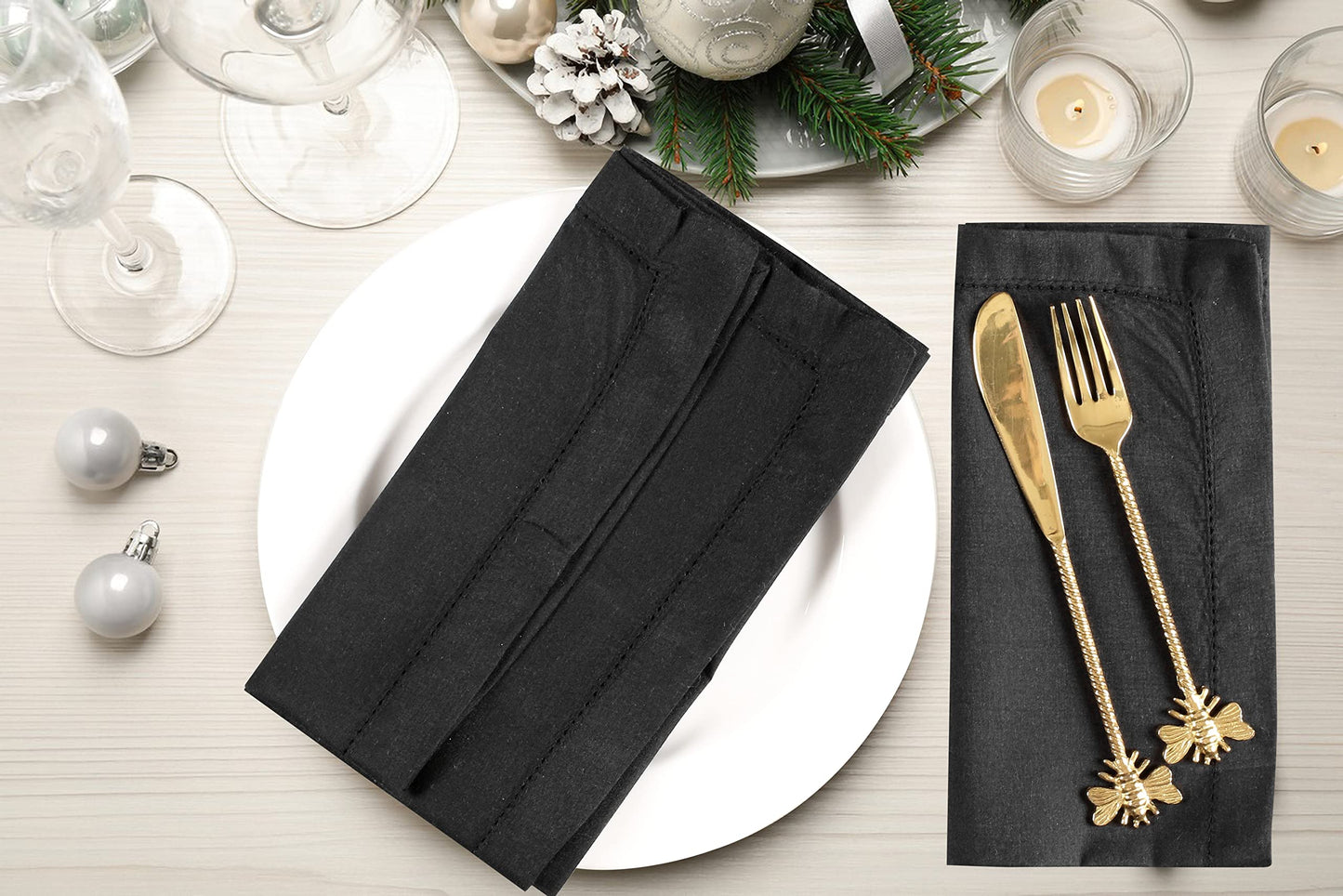Ramanta Home 12 Pack Cloth Napkins 20x20 Inches, 100% Polyester Napkins with Hemmed Edges, Washable Reusable Dinner Napkins Ideal for Parties, Weddings, Dinner Table, Hotels and Banquets -Black
