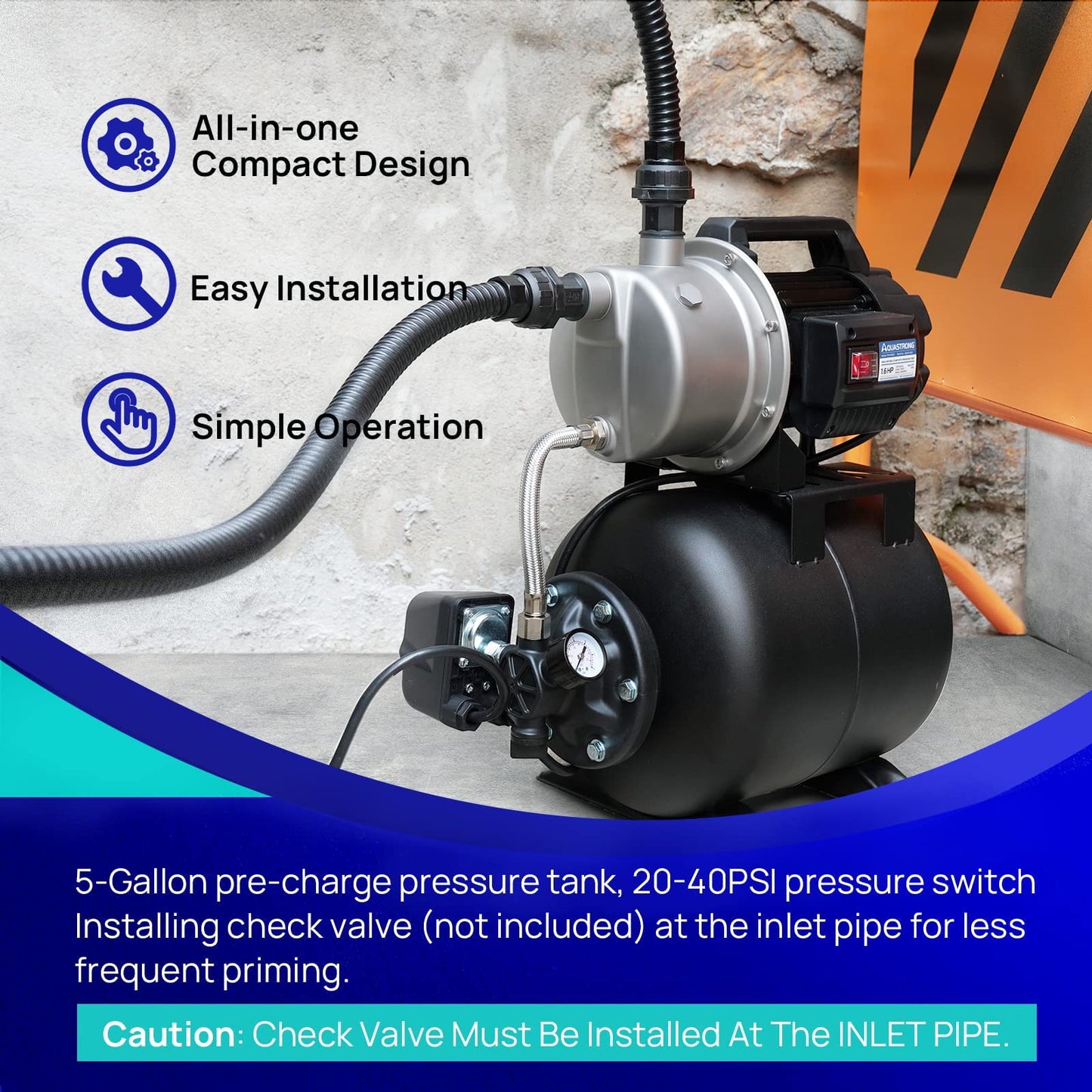 Aquastrong 115V Shallow Well Garden Pump, Stainless Steel, 1320 GPH, Automatic Water Booster Jet Pump for Home, Garden, Lawn,Irrigation,1.6 HP with Pressure Tank