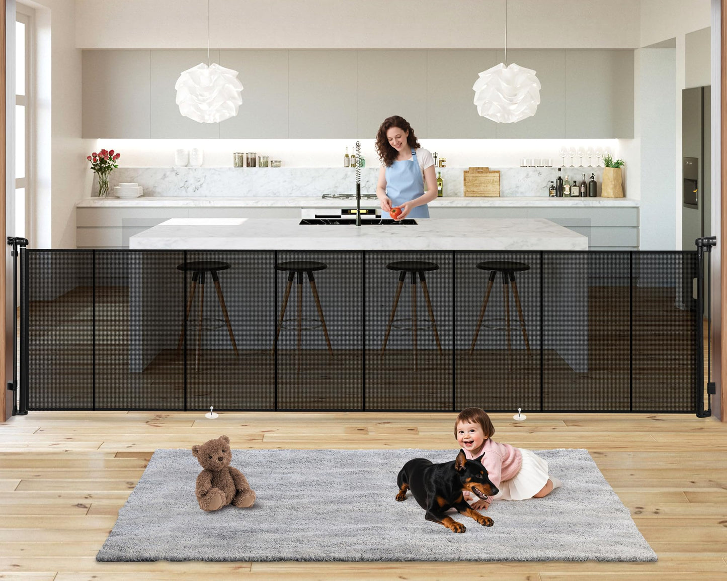 19.7ft Retractable Baby Gates Dog Gate - 236" Extra Wide Expandable Child Safety Gate,37" Tall Toddler Pet Mesh Gate with Reinforced Strips for Doorways,Stairs,Hallways,Outdoor & Indoor Large Openings
