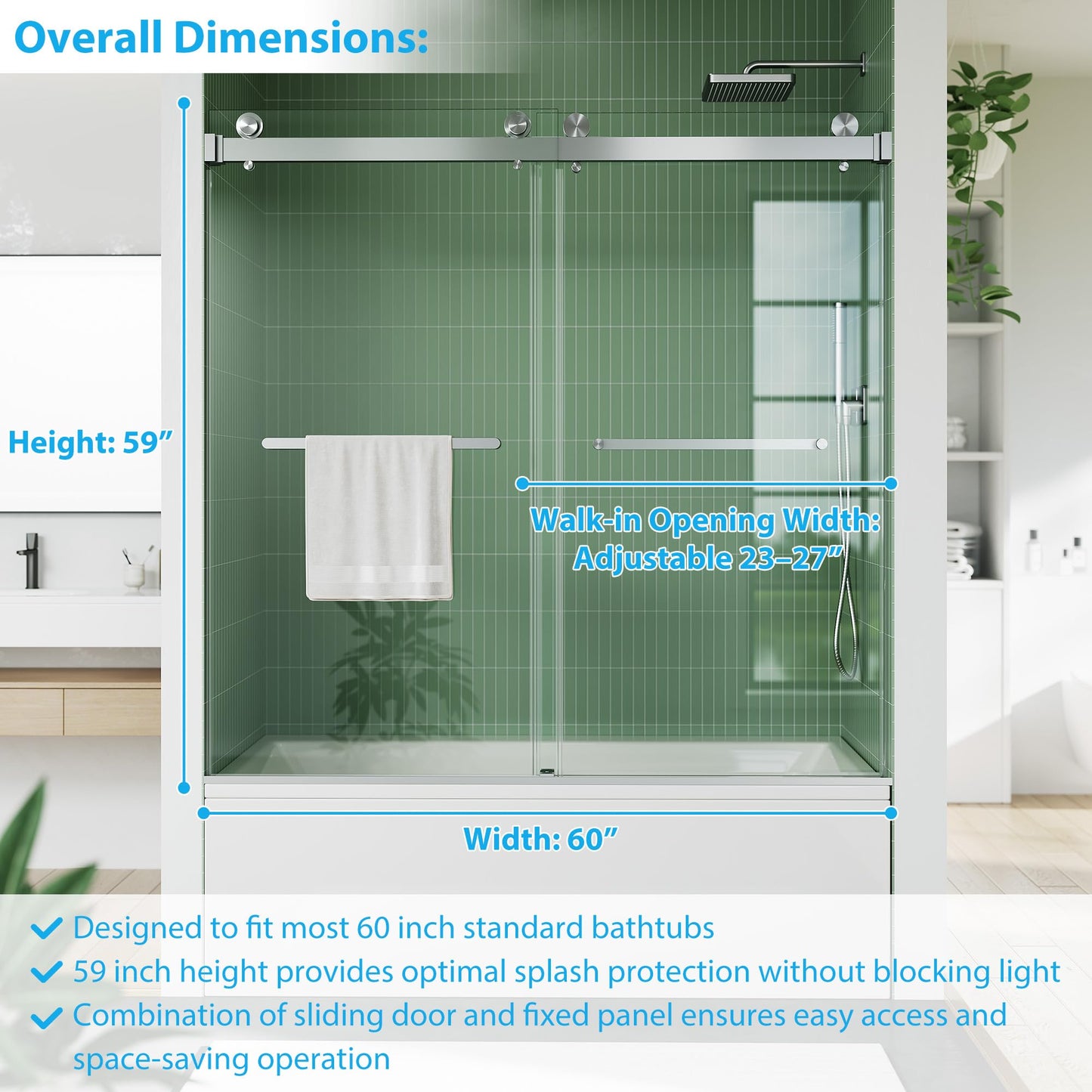 Frameless Bathtub Shower Door 56–60 inch W × 59 inch H, Sliding Tub Shower Door, 6mm Tempered Glass, Square Stainless Steel Track, Brushed Finish, Adjustable Bathroom Shower Door