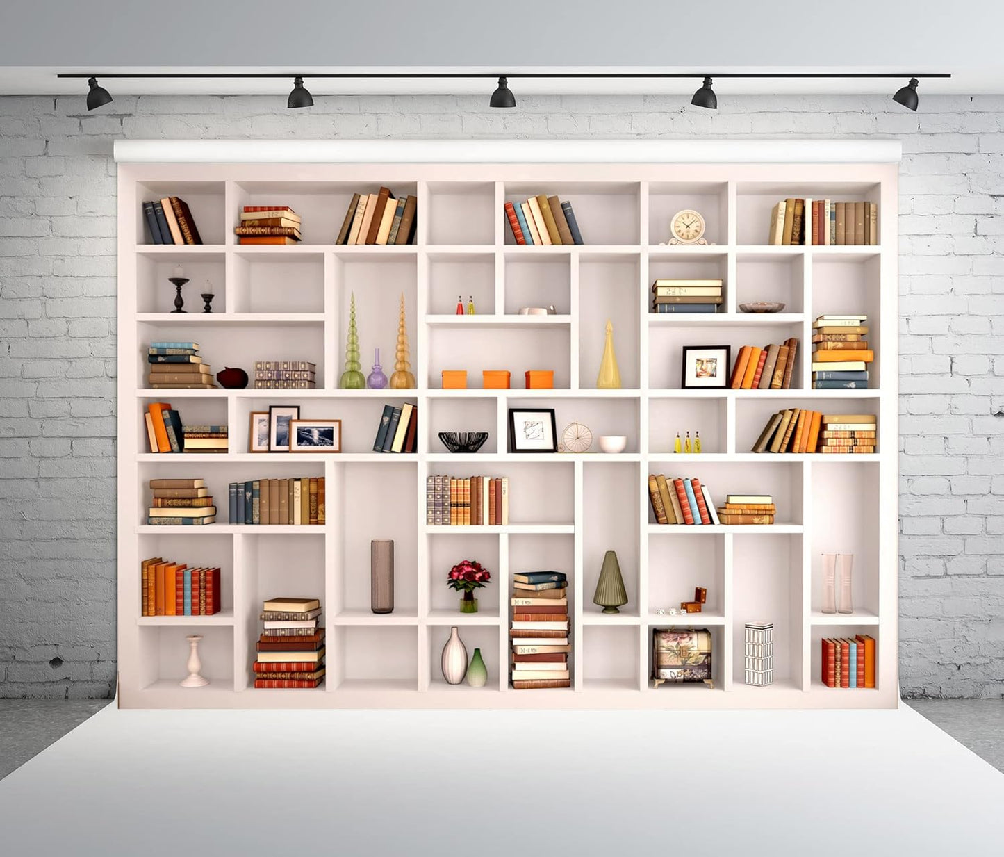 BELECO 5x3ft Fabric Modern White Bookshelf Photography Backdrop Books Office Bookcase Background Poster Home Office