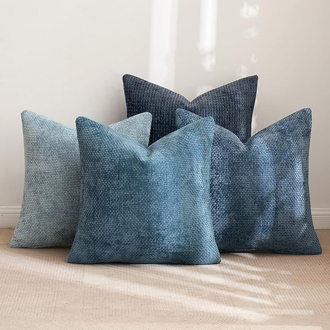 MIULEE Pack of 4 Couch Throw Pillow Covers 24x24 Inch Neutral Blue Soft Decorative Chenille Pillow Covers Farmhouse Accent Cushion Covers for Boho Western Spring Coastal Decor Sofa Bed Living Room