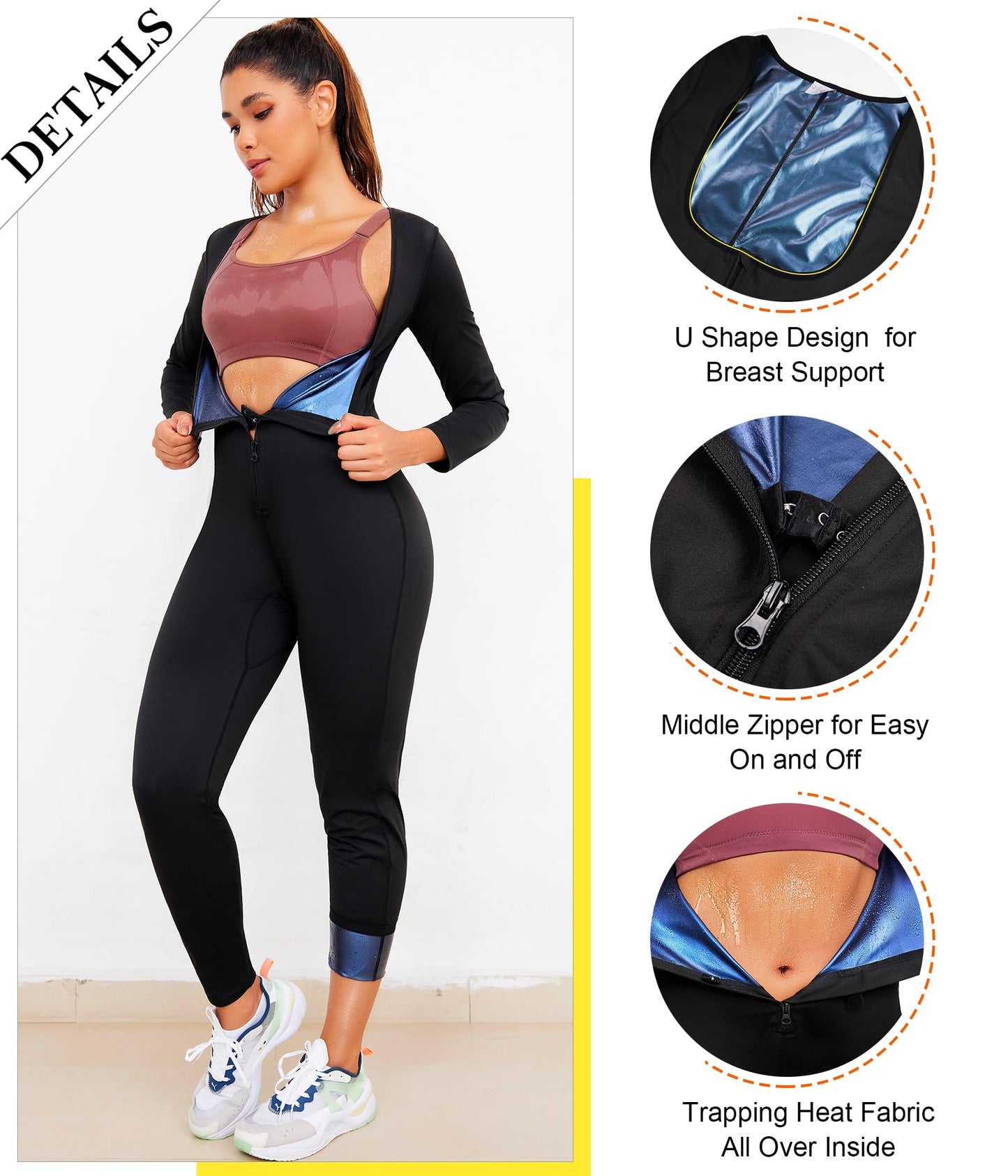 Junlan Sauna Suit for Women Full Body Compression Suit Sweat Jumpsuit Waist Trainer for Working Out(Black,Large)