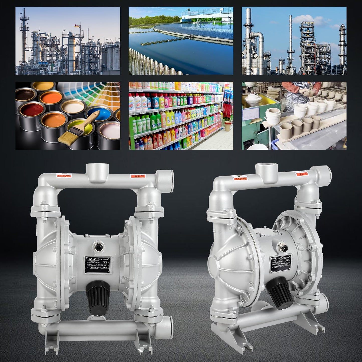 Dollate Air Operated Double Diaphragm Pump 1-1/2 Inch Outlet 44 GPM Pneumatic Transfer Max 115 PSI, QBK_40L, Industrial Chemical Waste Oil, Corrosive Liquid Transportation, With Two Extra Diaphragms