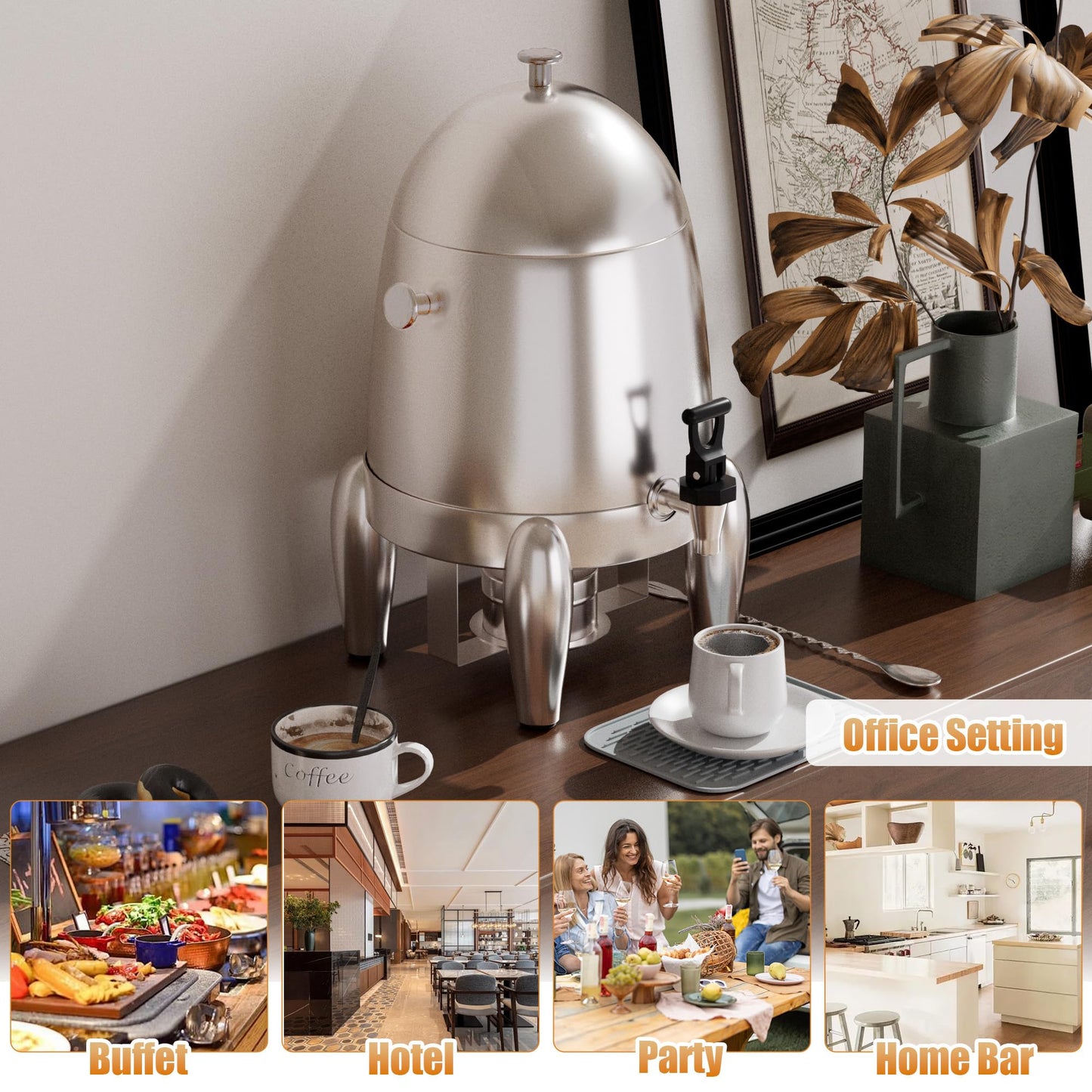 3 Gallon Beverage Dispenser with Stand, Commercial Coffee Urn with Spigot, Hot Drink Buffet Warmer Server for Parties Weddings Holiday Entertaining Catering Events (Plus Mixing Spoon and Drip Mat)