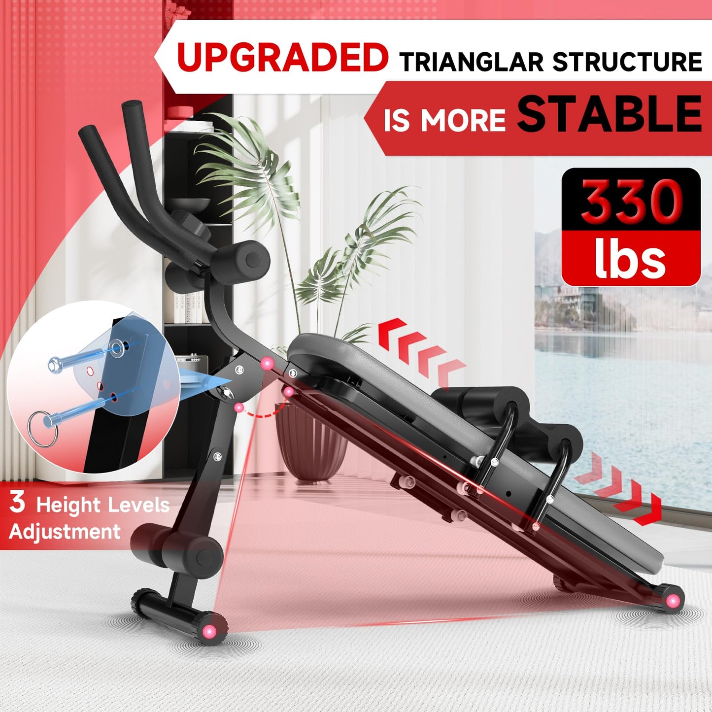 Bigzzia Ab Machine, 5-in-1 Adjustable Ab Workout Bench Core Abdomen Trainer for Stomach Workout, Crunch Machine Exercise Equipment for Home Gym - Sit UP, Push UP, Leg Press, Glider, Roman Chair, 330lbs Capacity