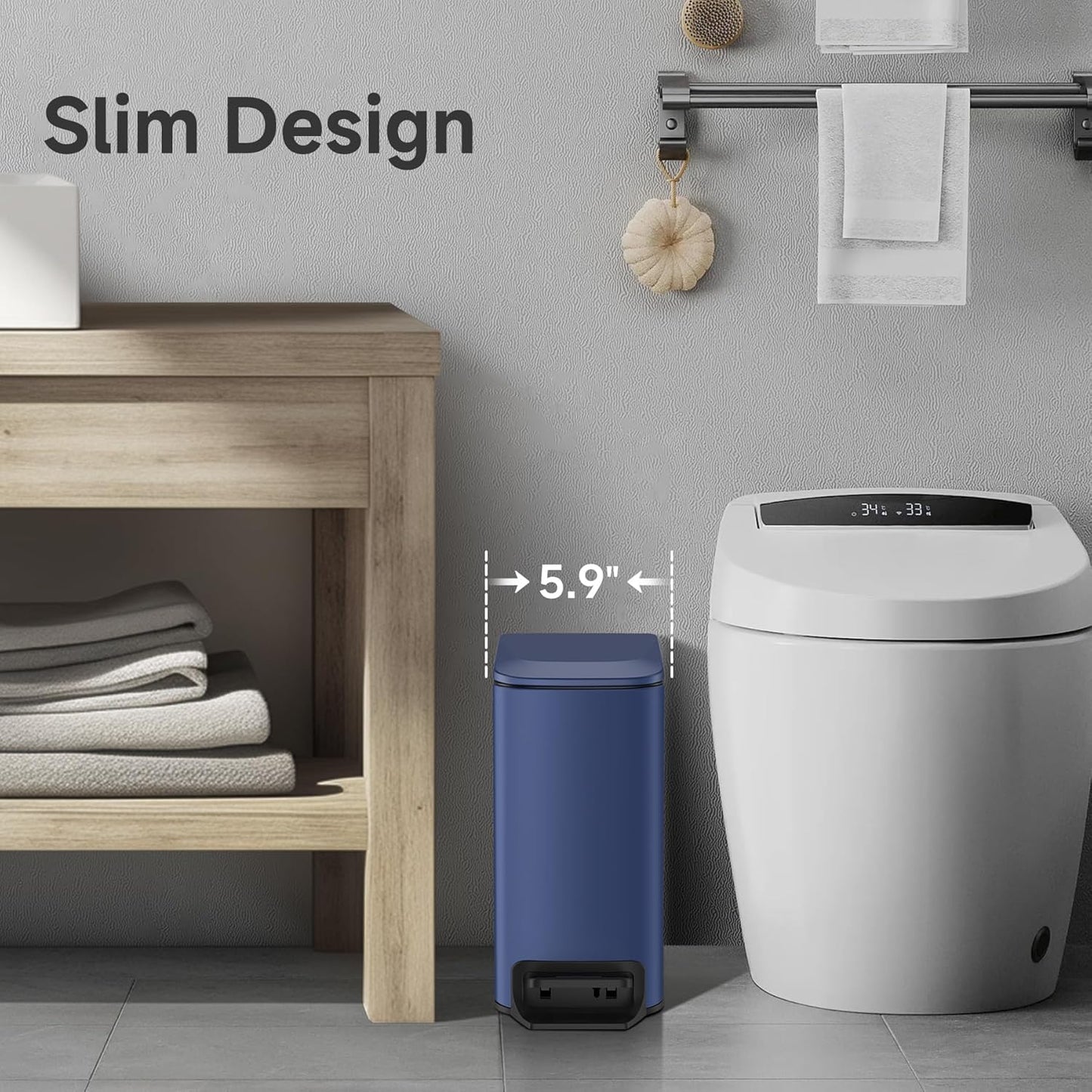 TIPGO Slim Bathroom Trash Can - Soft Close Lid & Step Pedal | 6 Liter Stainless Steel Bin in Navy Blue