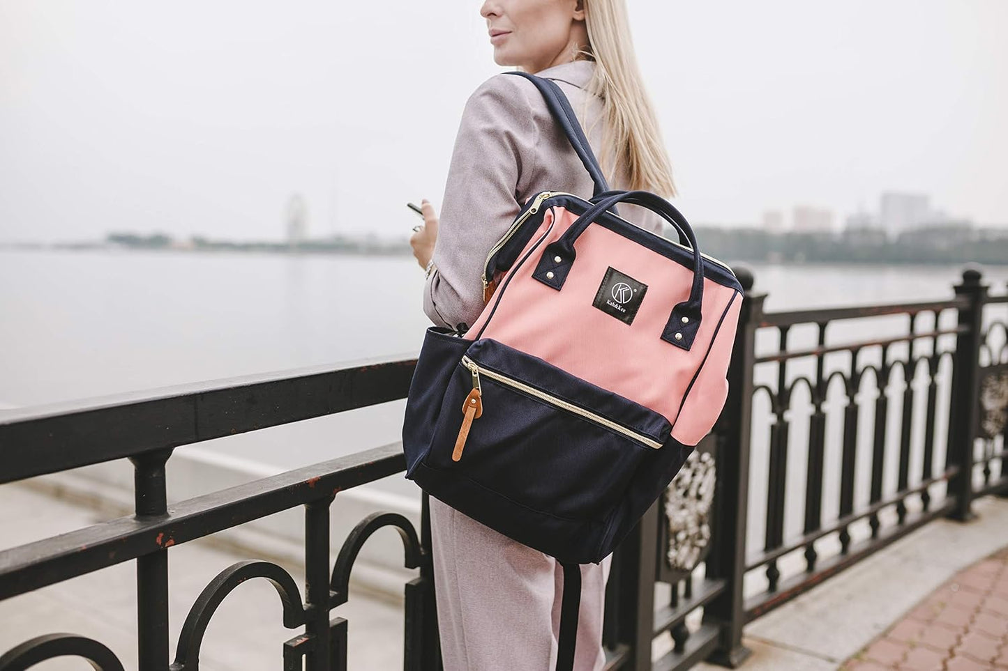 Backpack Kah&Kee Polyester Travel Functional Anti-theft School Laptop for Women Men (Pink* Navy, Medium)