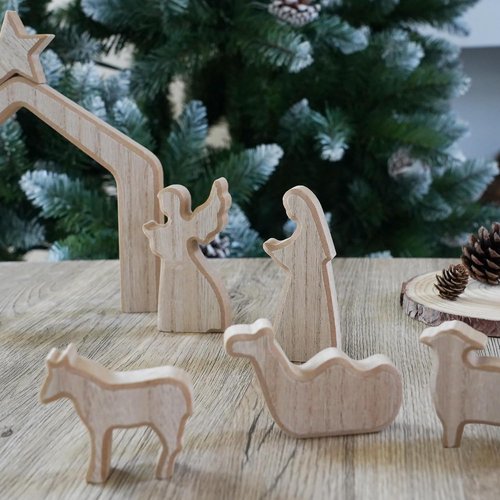 Nerosun Nativity Scene Set - 13-Piece Wooden Christmas Figurines | Minimalist Boho Manger Decor for Home