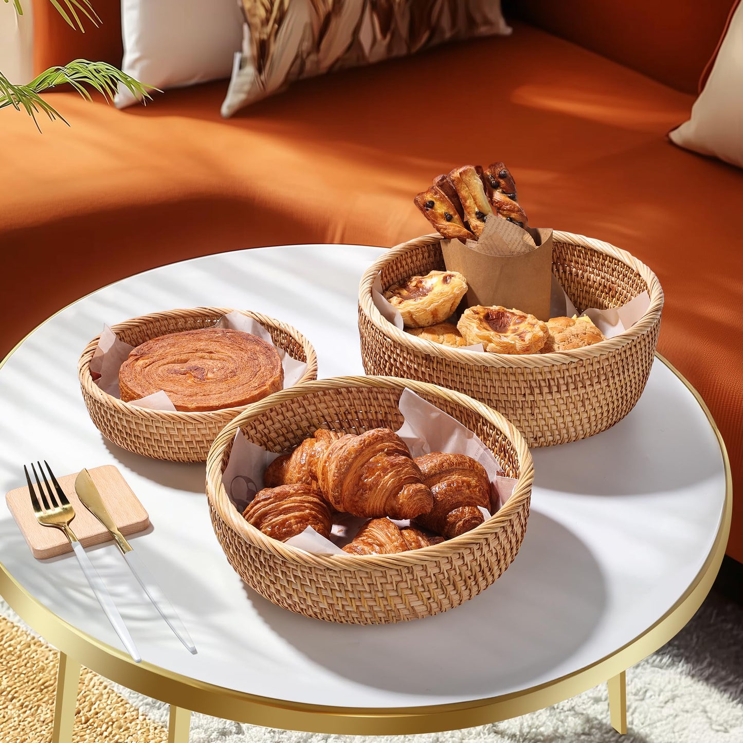 XALVYNQ Honey Brown Natural Rattan Bread Basket Set of 3 - Handwoven Round Wicker Serving Bowls for Fruit, Snacks, Kitchen Counter Organizing | Stackable Farmhouse Decor