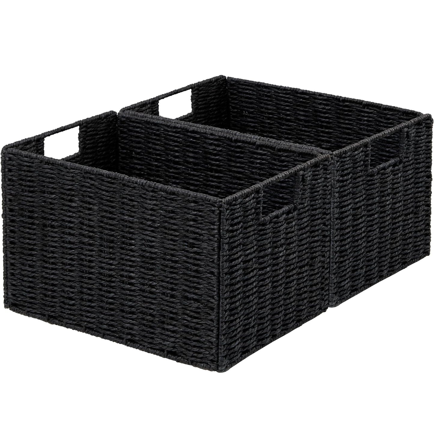 Vagusicc Wicker Storage Basket, Set of 2 Hand-Woven Paper Rope Wicker Basket, Small Storage Baskets for Organizing Toilet Paper Baskets, Foldable Large Cube Storage Organizer Bin for Shelves (Black)