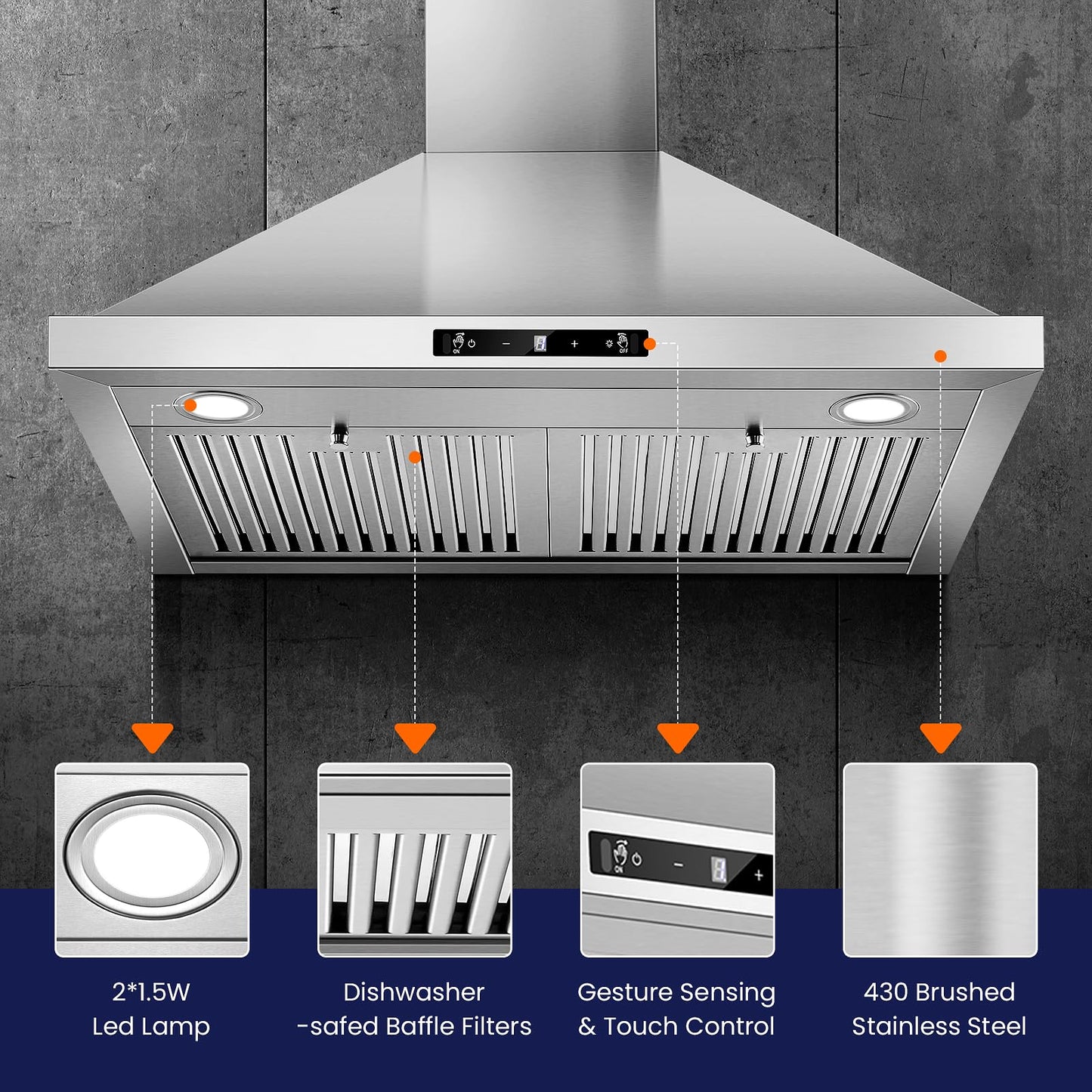 Wall Mount Range Hood 30 inch, 800 CFM Kitchen Hood Stainless Steel Stove Vent Hood with Gesture Sensing & Touch Control, Ducted/Ductless Convertible Duct, 3-Speed Fan, LED Lights, Baffle Filters