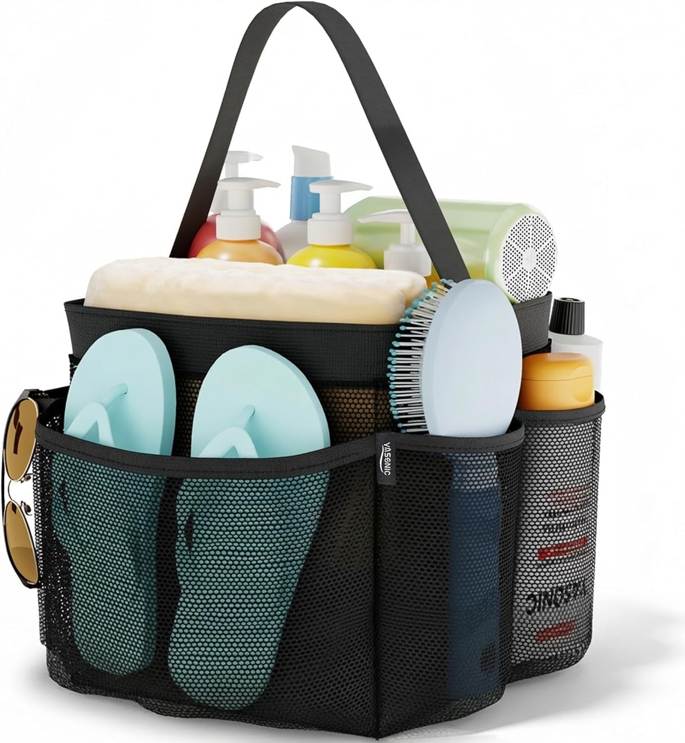 YASONIC Portable Mesh Shower Caddy - 8 Pocket Hanging Organizer for College Dorm Essentials | Black