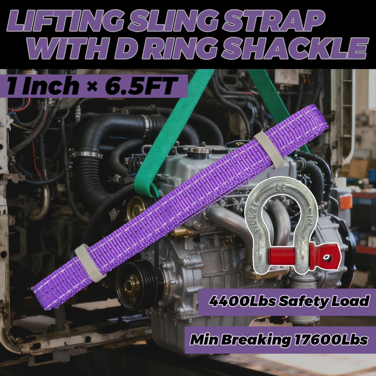 HENBOW Lifting Straps with D Ring Shackle for Hoist,6.5FT× 1In Heavy Duty Flat Lift Sling Web 8800 lbs Capacity，Web Sling Car Tree Saver Winch Recovery