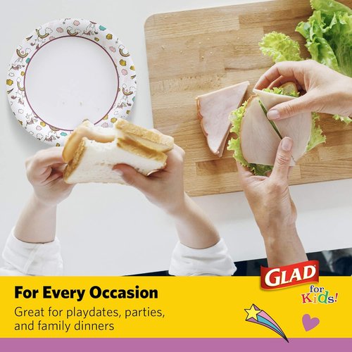 Glad Unicorn Theme Kids Plates - Heavy-Duty Disposable Paper Plates | Soak-Proof, Microwave Safe, 8.5 Inch, 20 Count