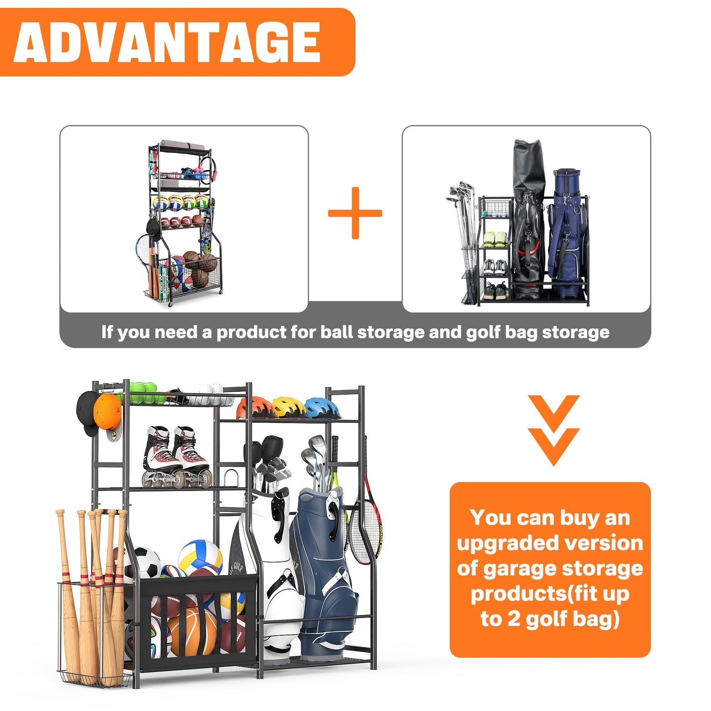 TORACK Golf Bags Stand with Ball Storage, Large Capacity Garage Sports Equipment Organizer, Indoor Toys Storage